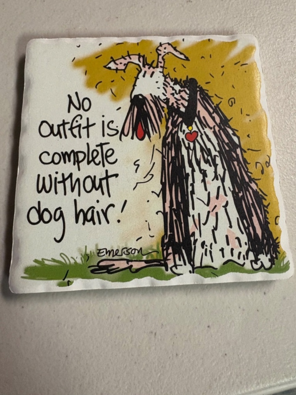 Dog Themed Tumbled Stone coaster “no outfit is complete without dog hair”